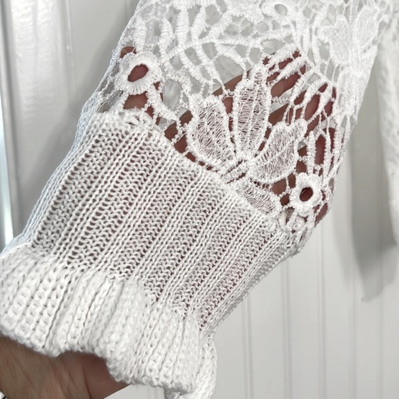 Elegant Semi-Sheer Lace Knit Long Sleeve Crew Neck Top - Picture 6 of 7